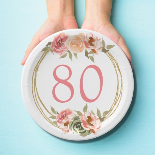 Pink Floral 80th Birthday Paper Plate