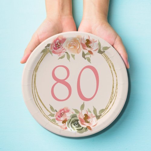 Pink Floral 80th Birthday Paper Plate