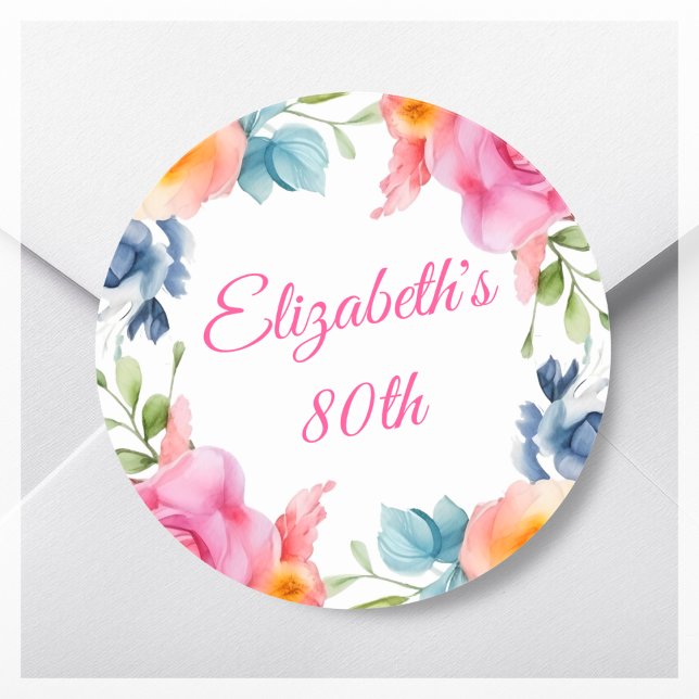 Pink Floral 80th Birthday Party Favor Classic Round Sticker (Creator Uploaded)