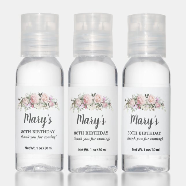 Pink Floral 80th Birthday Party Favor Hand Sanitizer (Set)
