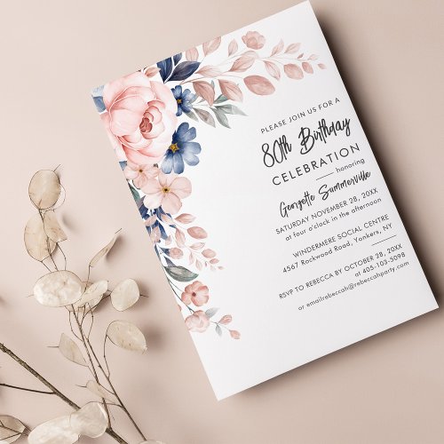 Pink Floral 80th Birthday Party Invitation
