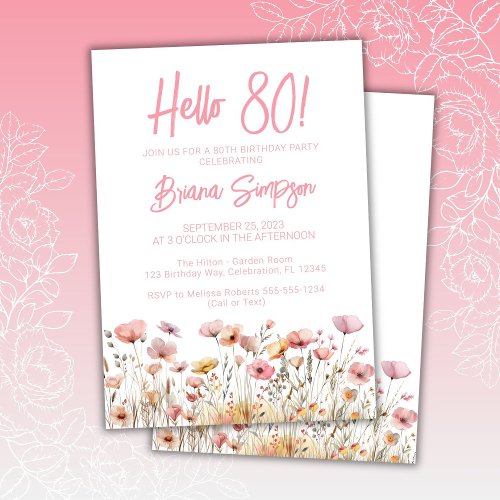 Pink Floral 80th Birthday Party Invitation