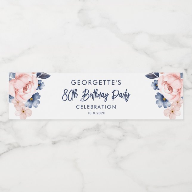Pink Floral 80th Birthday Party Script Celebration Water Bottle Label (Single Label)