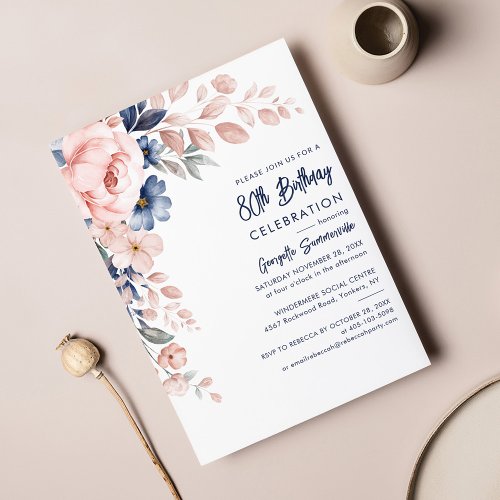 Pink Floral 80th Birthday Party Script Invitation