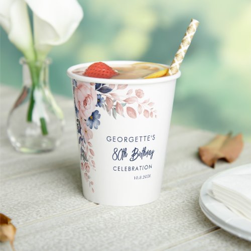 Pink Floral 80th Birthday Party Script Paper Cups
