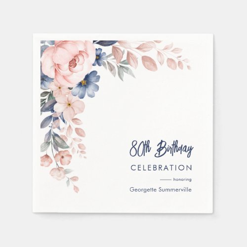 Pink Floral 80th Birthday Party Script Paper Napkins