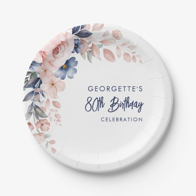 Pink Floral 80th Birthday Party Script Paper Plates (Front)