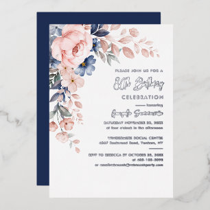 Pink Floral 80th Birthday Party Silver Foil Invitation