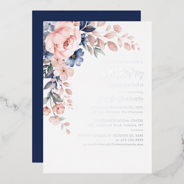  Pink Floral 80th Birthday Party Silver Foil Invitation (Front/Back)