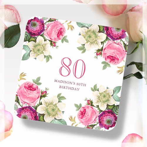 Pink Floral 80th Birthday  Square Paper Coaster