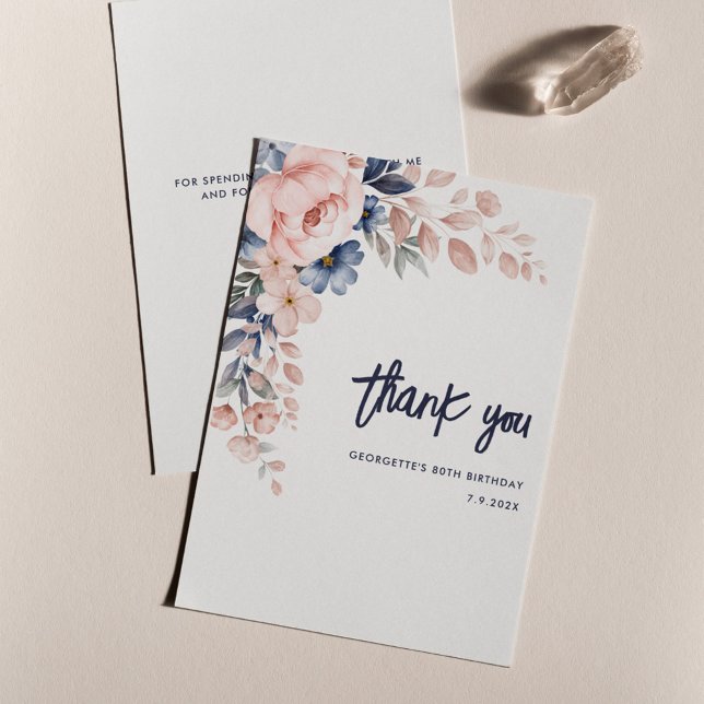 Pink Floral 80th Birthday Watercolor Thank You Card (80th Birthday Pink Floral Script Thank You Card)