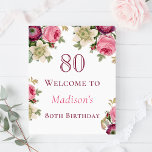 Pink Floral 80th Birthday Welcome Sign at Zazzle