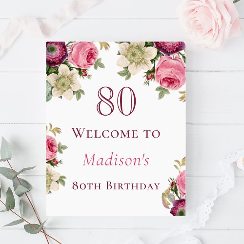 Pink Floral 80th Birthday Welcome Sign