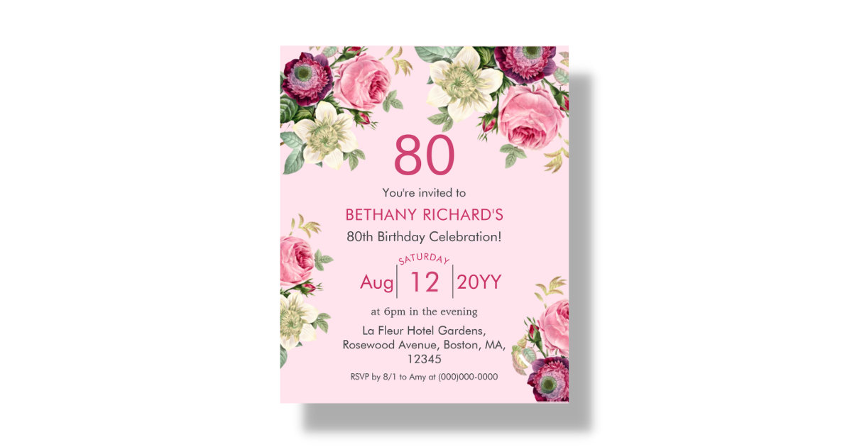 Pink Floral | 80th Budget Birthday Invitation | Zazzle