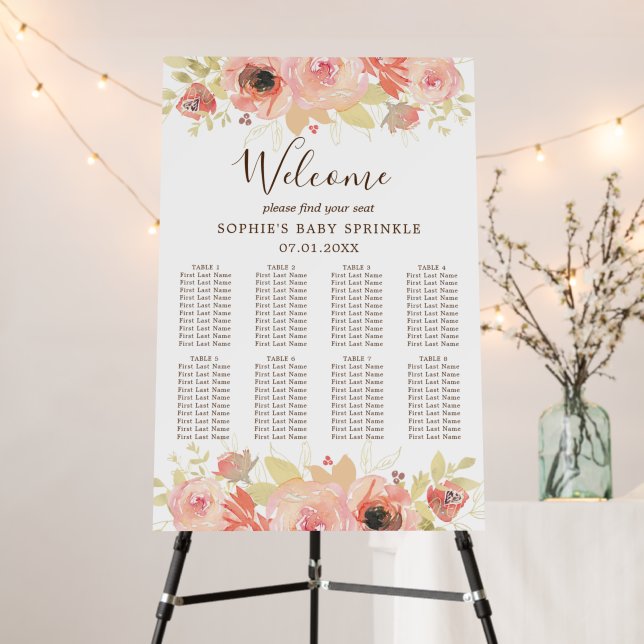 Pink Floral 8 Table Baby Sprinkle Seating Chart Foam Board (In Situ (Stand))