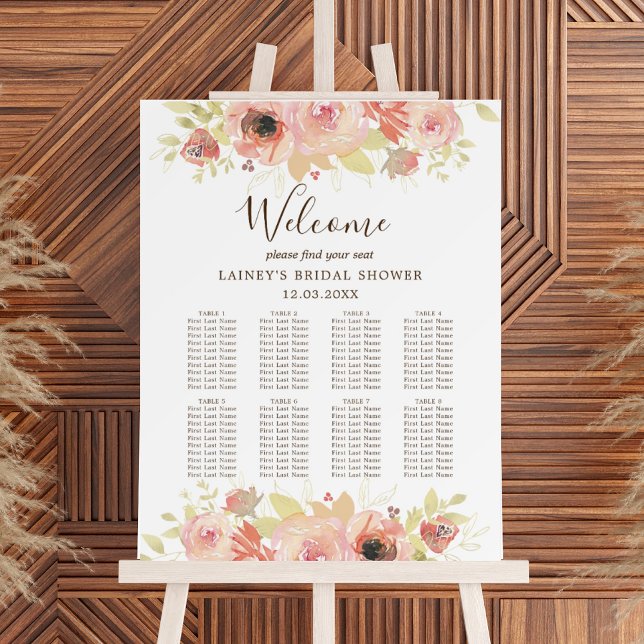 Pink Floral 8 Table Bridal Shower Seating Chart Foam Board (Creator Uploaded)