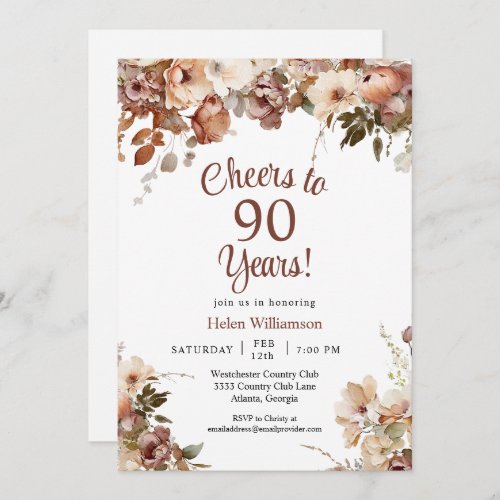 Pink Floral 90th Birthday Cheers to 90 Years Invitation