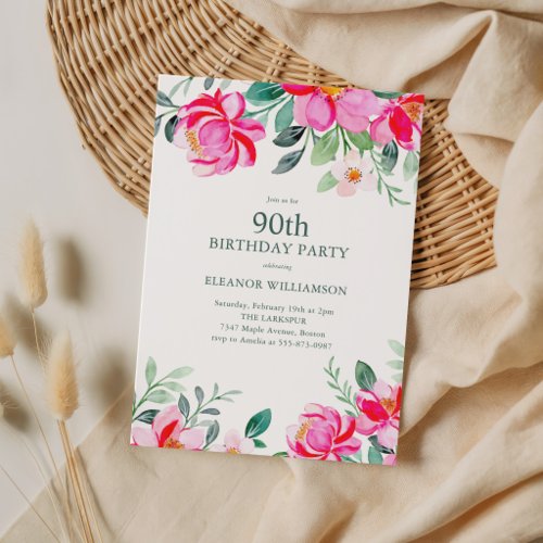 Pink Floral 90th Birthday Elegant Garden Party Invitation