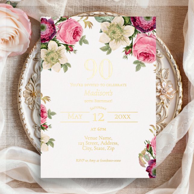 Pink Floral | 90th Birthday Gold Foil Invitation (Creator Uploaded)
