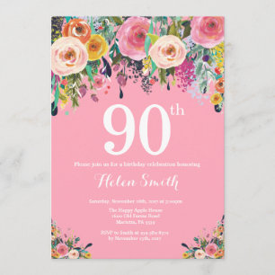 Pink Floral 90th Birthday Invitation