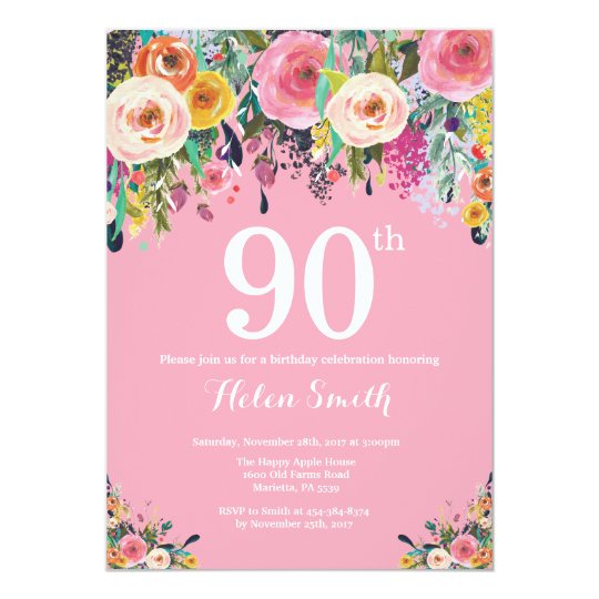 Pink Floral 90th Birthday Invitation | Zazzle.com