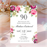 Pink Floral 90th Birthday Invitation<br><div class="desc">Looking for the perfect invitation for your upcoming 90th birthday bash? Look no further than these lovely pink floral invitations! With a delicate and beautiful design featuring pretty watercolor roses, anemones, and clematis with elegant font, these invitations will impress all your guests. Available to customize and purchase as card invitations,...</div>