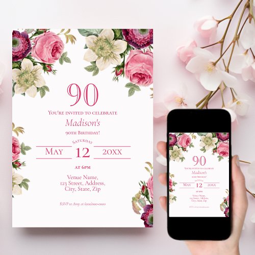 Pink Floral 90th Birthday Invitation