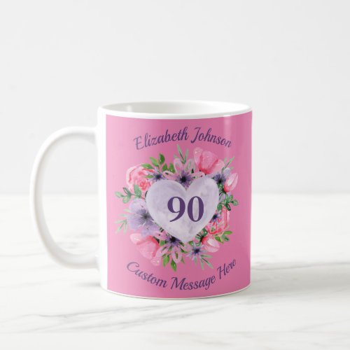 Pink Floral 90th Birthday Mug for Women