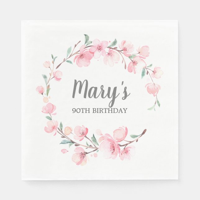 Pink Floral 90th Birthday Napkins (Front)