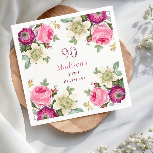 Pink Floral 90th Birthday  Napkins (Creator Uploaded)