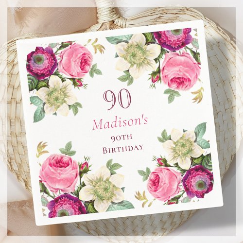 Pink Floral 90th Birthday  Napkins