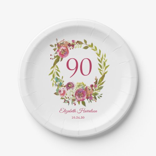 Pink Floral 90th Birthday Paper Plate