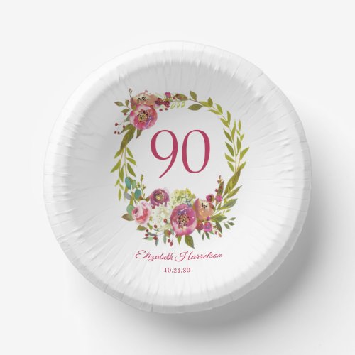 Pink Floral 90th Birthday Paper Plate Paper Bowls