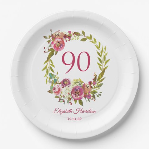 Pink Floral 90th Birthday Paper Plates