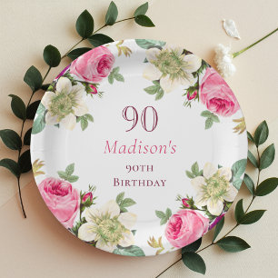 Pink Floral 90th Birthday  Paper Plates