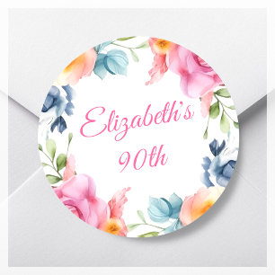 Pink Floral 90th Birthday Party Favor Classic Round Sticker