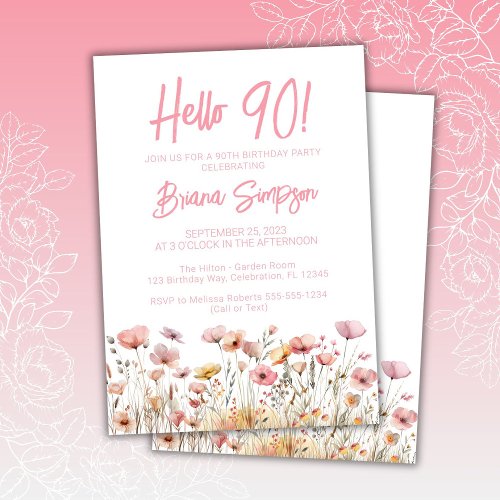 Pink Floral 90th Birthday Party Invitation