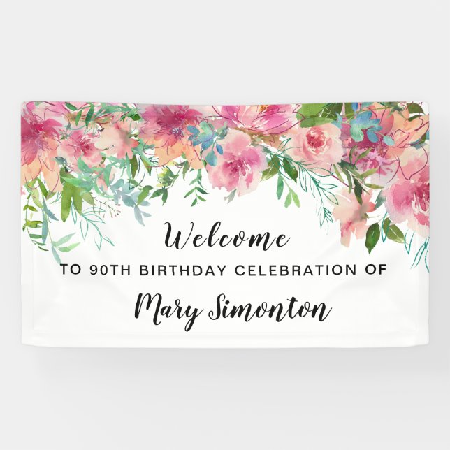 Pink Floral 90th Birthday Party Welcome Banner (Horizontal)