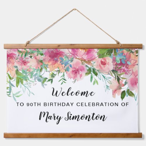 Pink Floral 90th Birthday Party Welcome Banner Hanging Tapestry