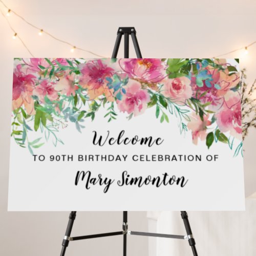 Pink Floral 90th Birthday Party Welcome Foam Board