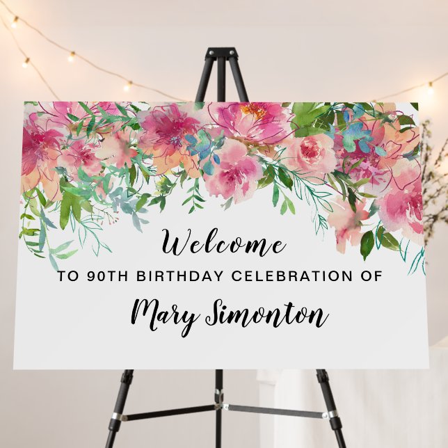 Pink Floral 90th Birthday Party Welcome Foam Board (In Situ (Stand))