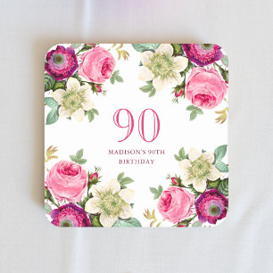 Pink Floral 90th Birthday  Square Paper Coaster