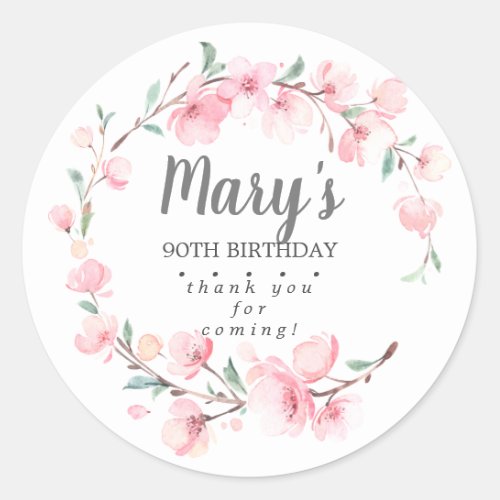 Pink Floral 90th Birthday Thank You Classic Round Sticker