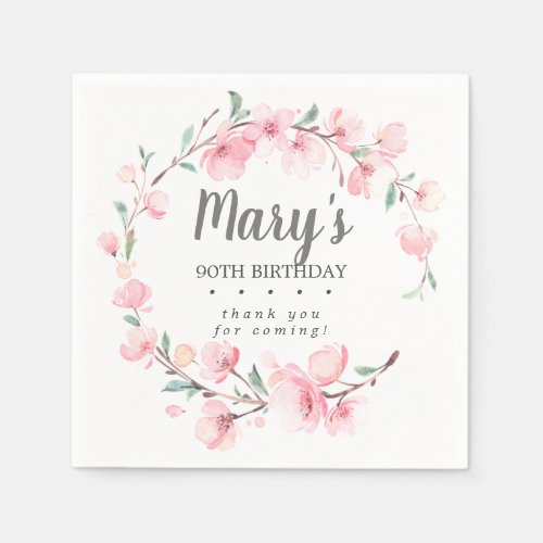 Pink Floral 90th Birthday Thank You Napkins