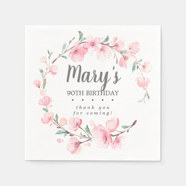 Pink Floral 90th Birthday Thank You Napkins (Front)