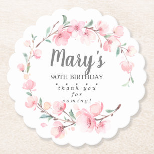 Pink Floral 90th Birthday Thank You Paper Coaster