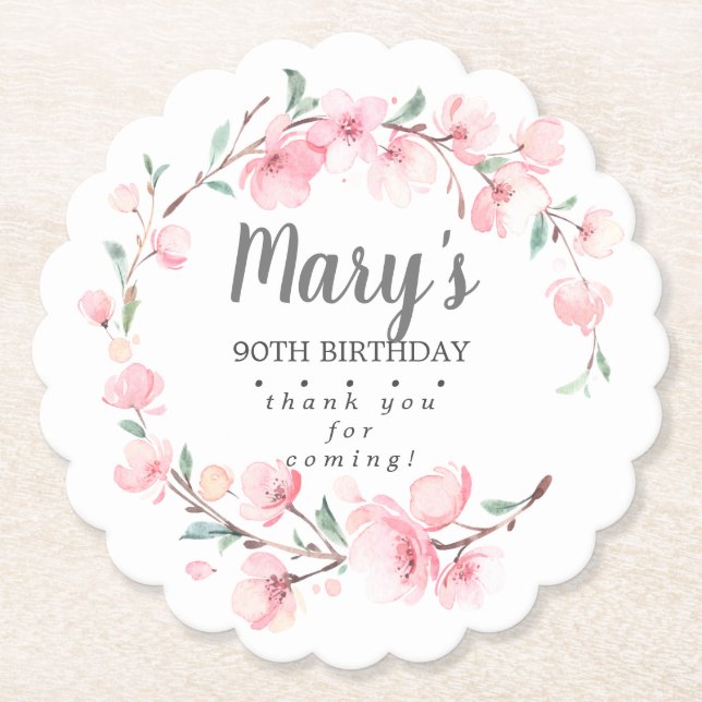 Pink Floral 90th Birthday Thank You Paper Coaster (Front)