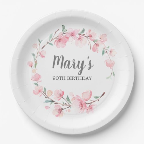 Pink Floral 90th Birthday Thank You Paper Plates