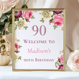 Pink Floral 90th Birthday Welcome Sign