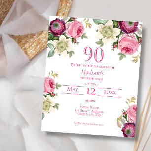 Pink Floral 90th Budget Birthday Invitation